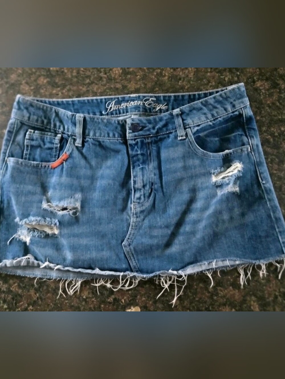 Vintage American Eagle Y2K Distressed Denim Mini Skirt Raw Frayed Hem Size 12